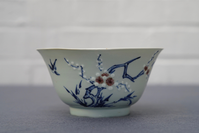 A Chinese blue, white and red on celadon ground 'prunus' bowl, Kangxi